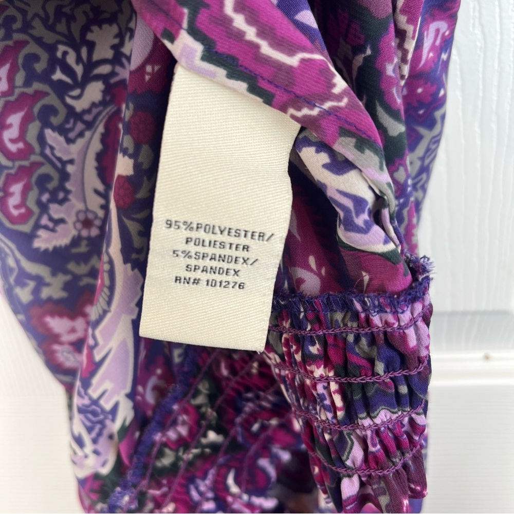 eci New York Multi Purple & Gray Blouse Elastic Waist Hem Ruffles Women’s Size 8 - Picture 14 of 14